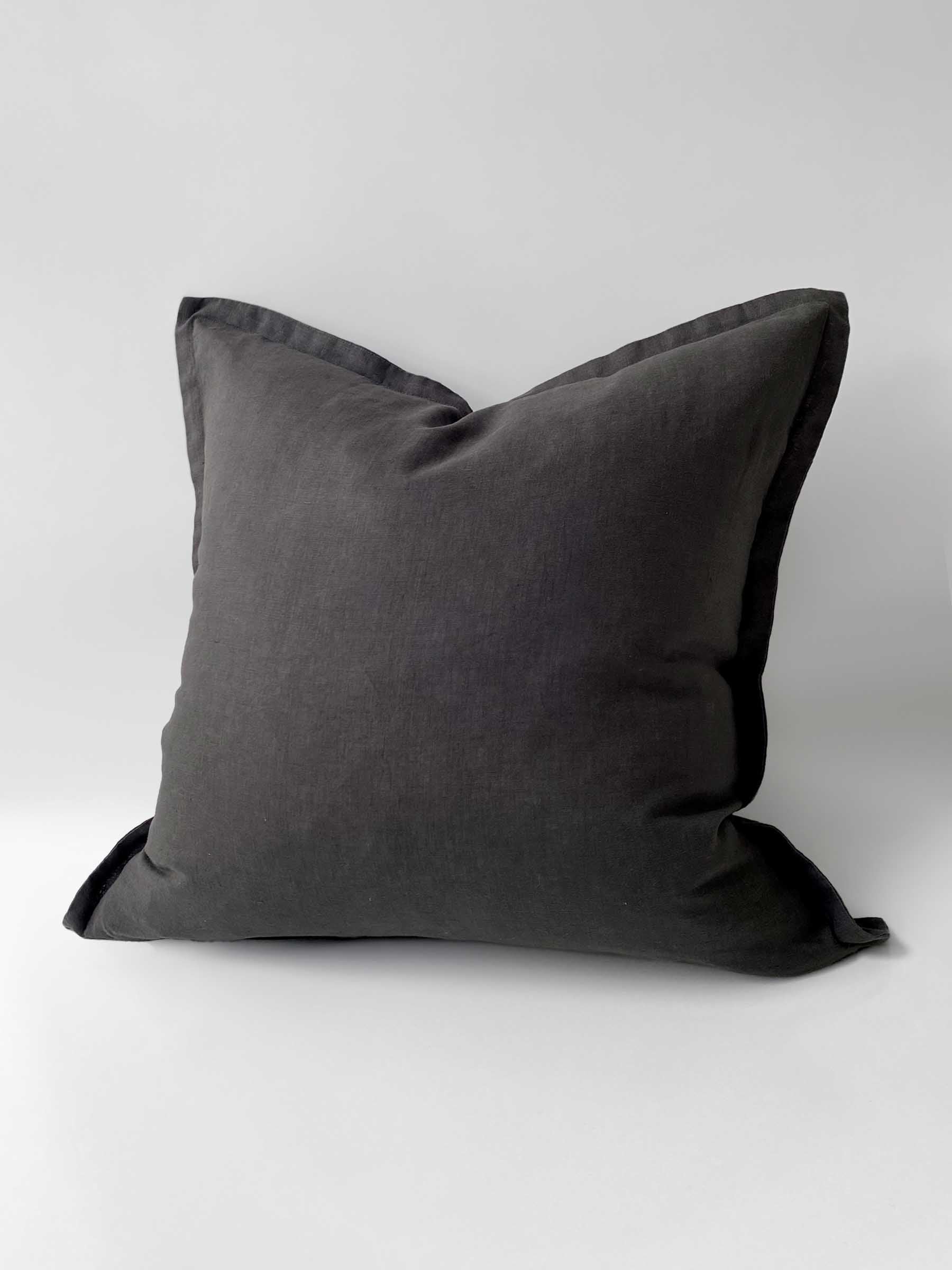 Felix linen cushion in Pepper black colour 50cm square with flanged border made from French Flax linen