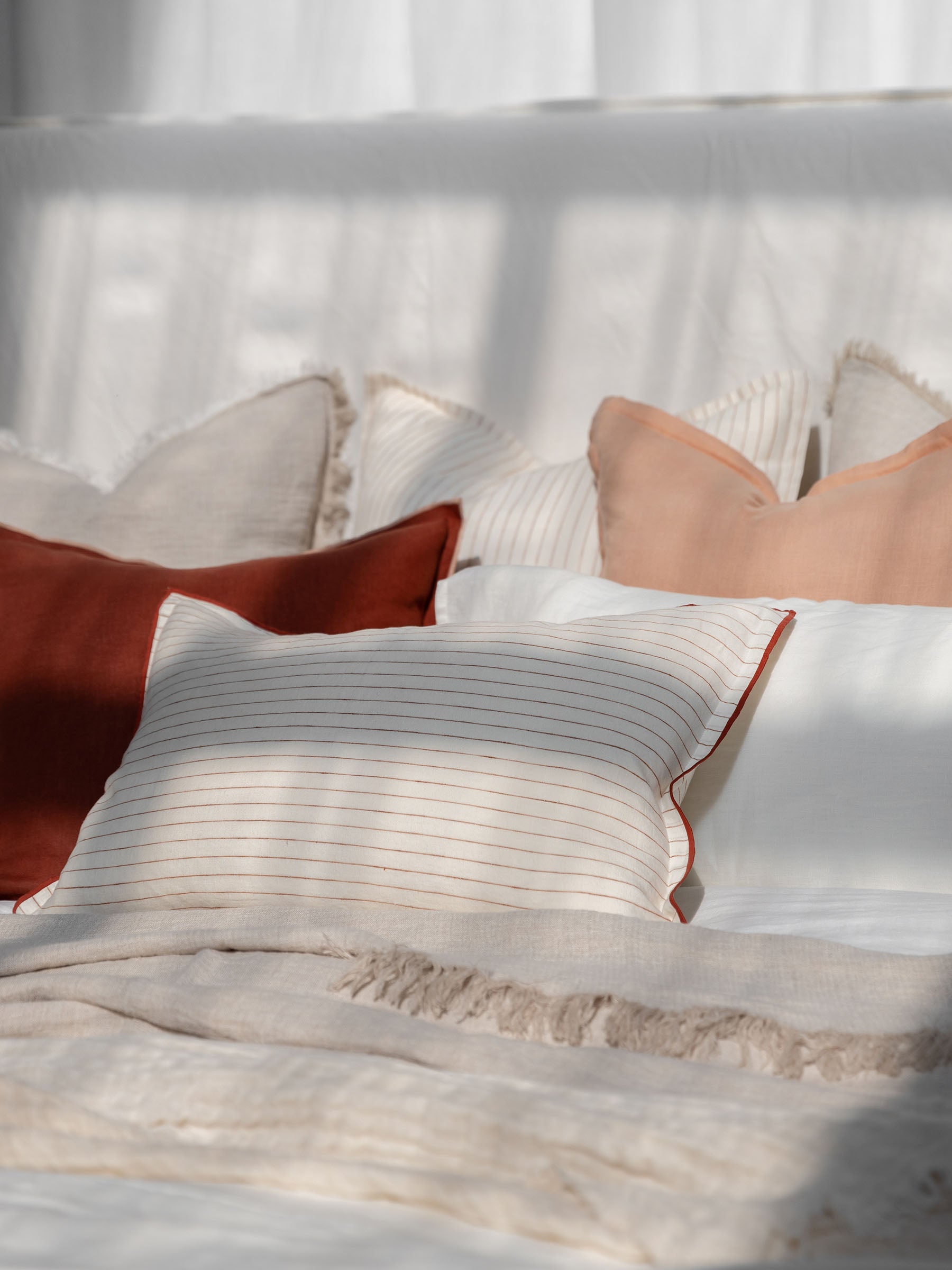 Lucas Lumbar Linen Cushion Rust Stripe