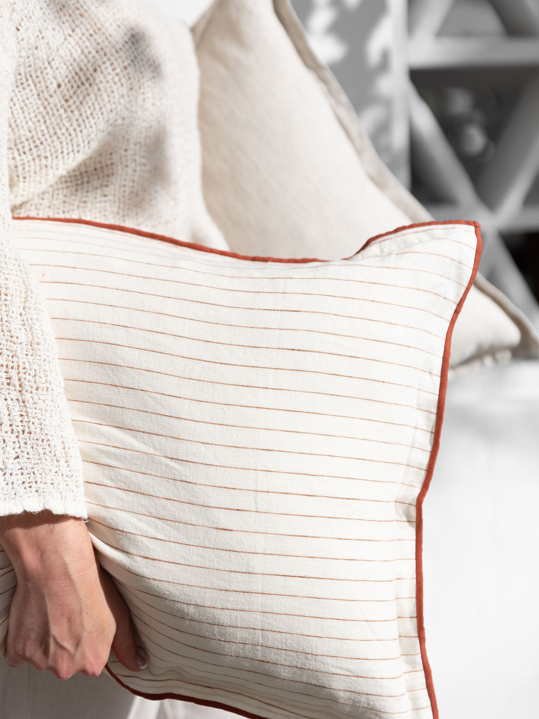 Lucas Lumbar Linen Cushion Rust Stripe