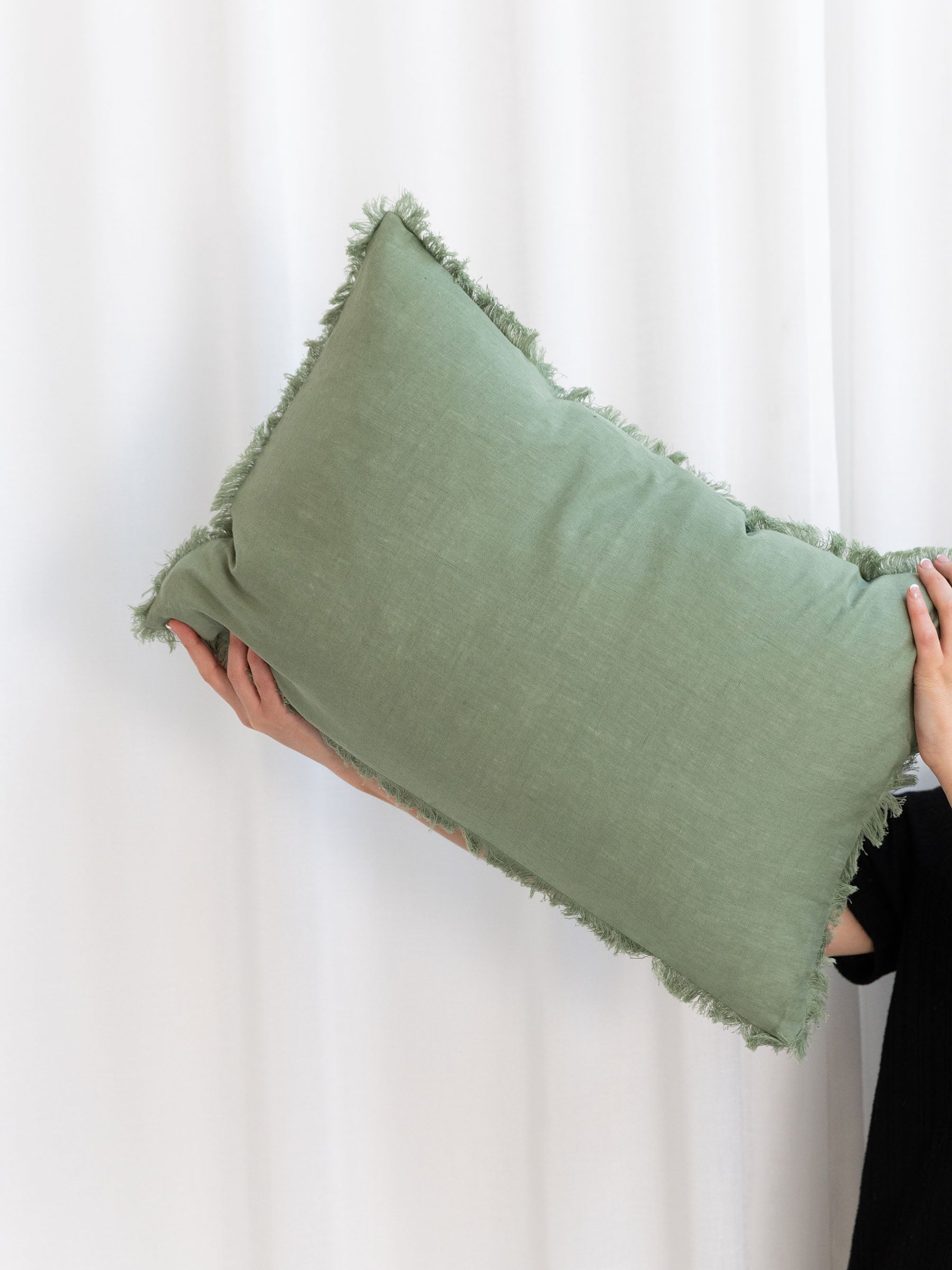 Luna Fringed Linen Cushion Fern