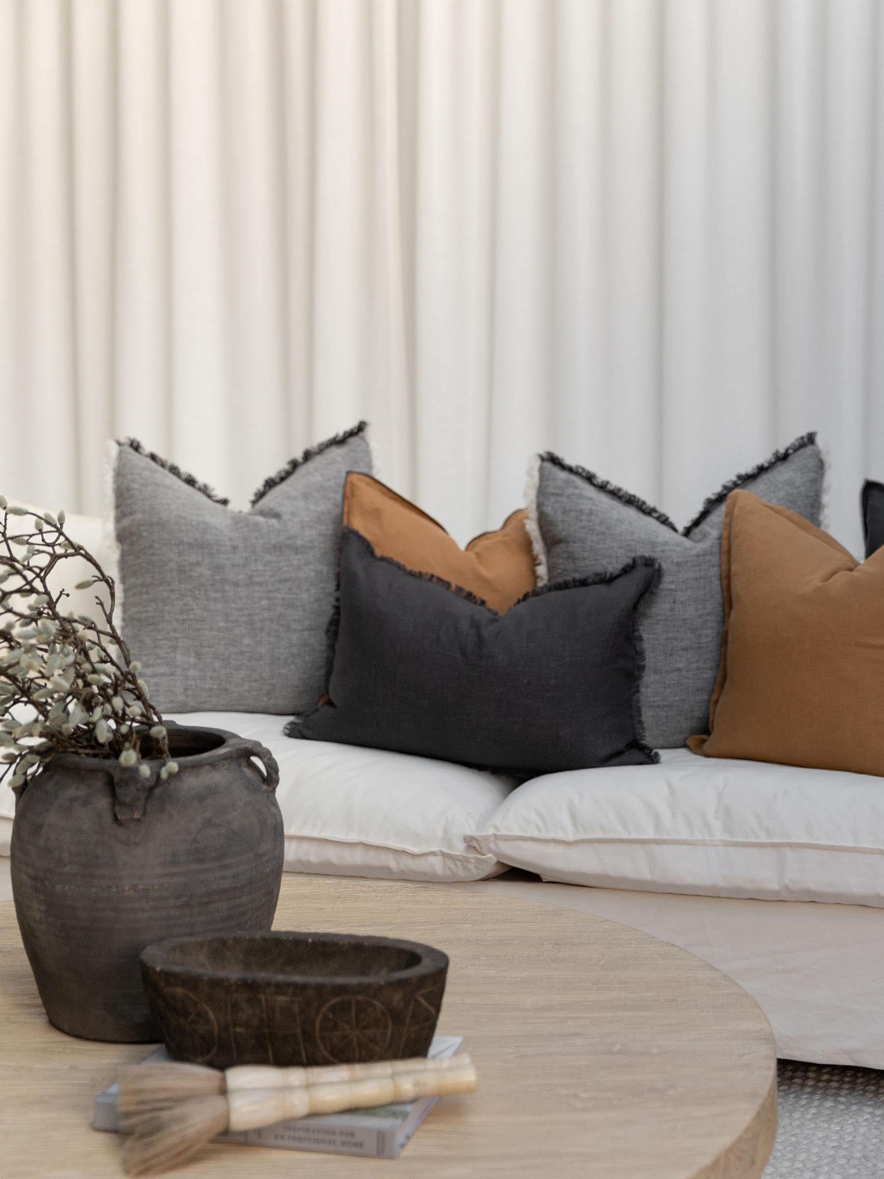 Oliver Fringed Heavy Linen Cushion Charcoal