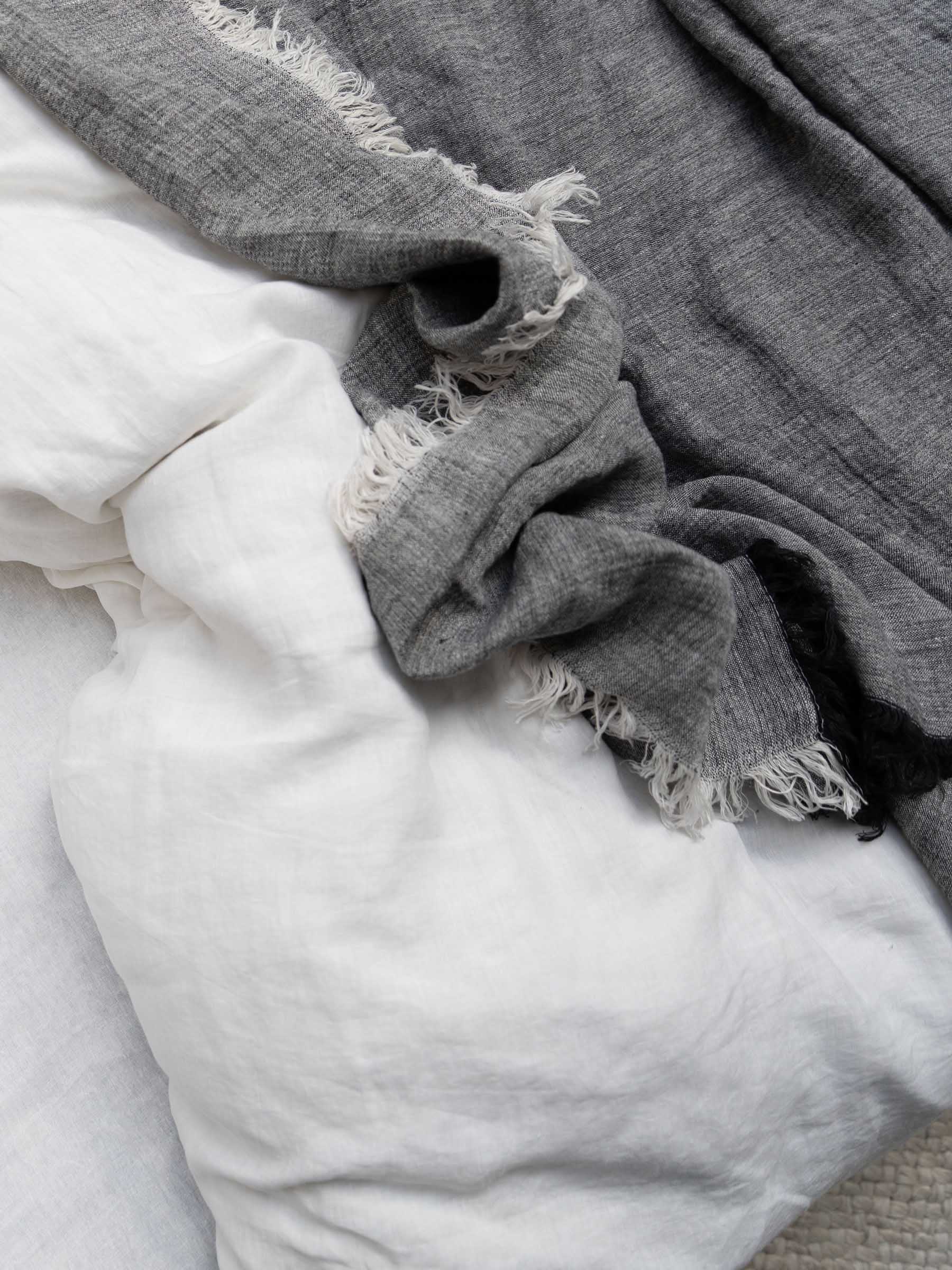 Oliver Fringed Heavy Linen Bed Cover/Throw Charcoal