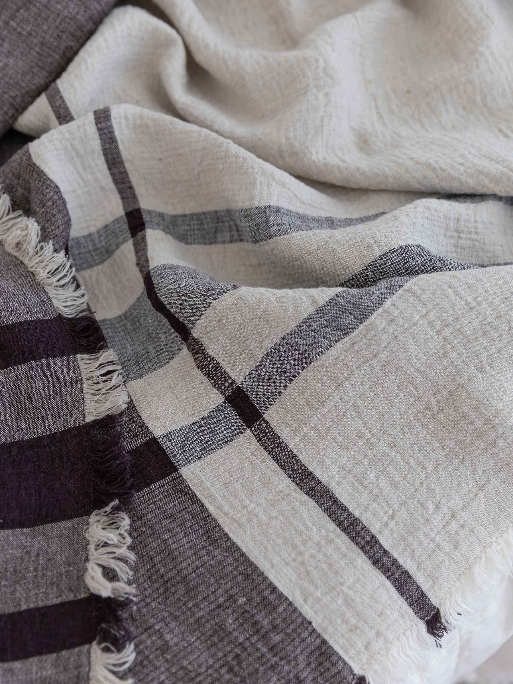 Olivio Fringed Heavy Linen Throw | Bed Cover Natural Stripe