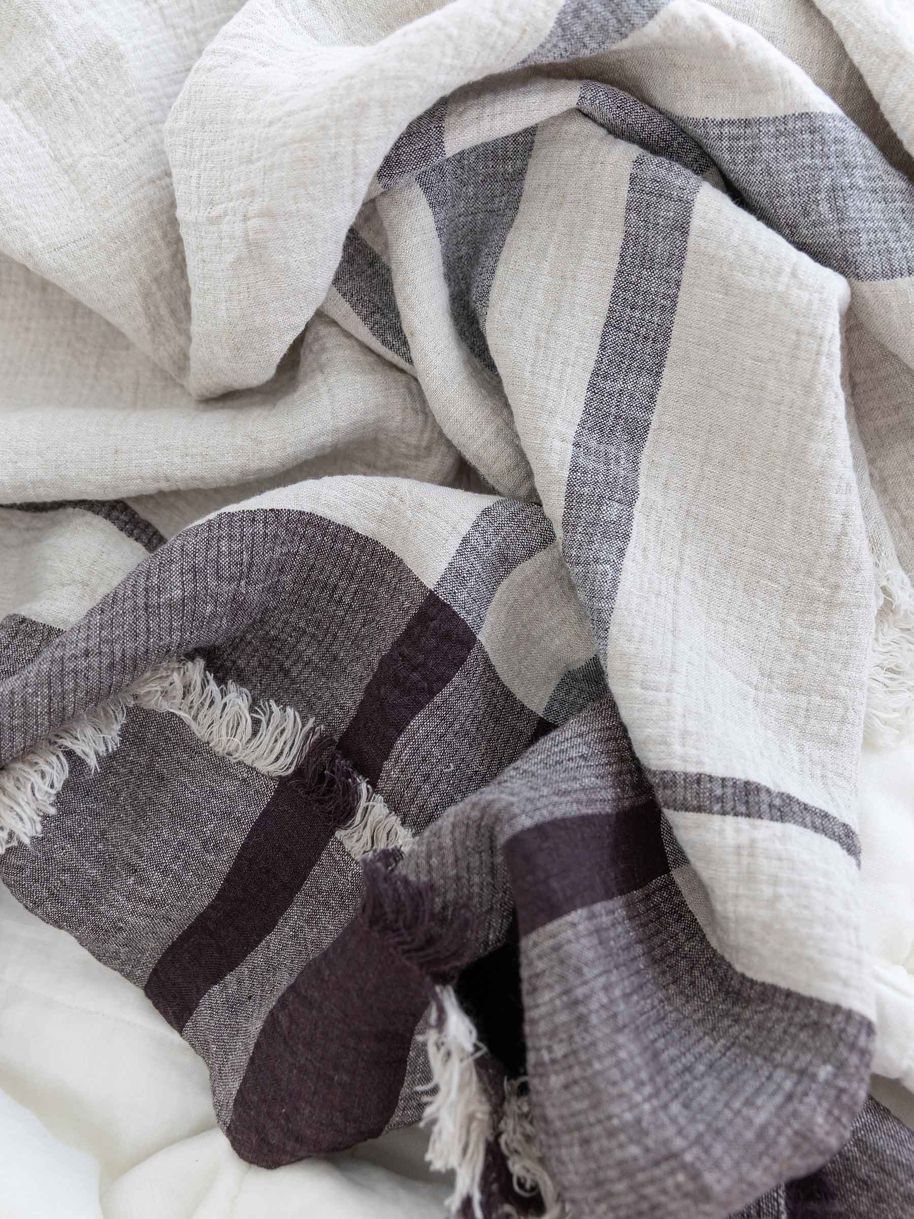 Olivio Fringed Heavy Linen Throw | Bed Cover Natural Stripe