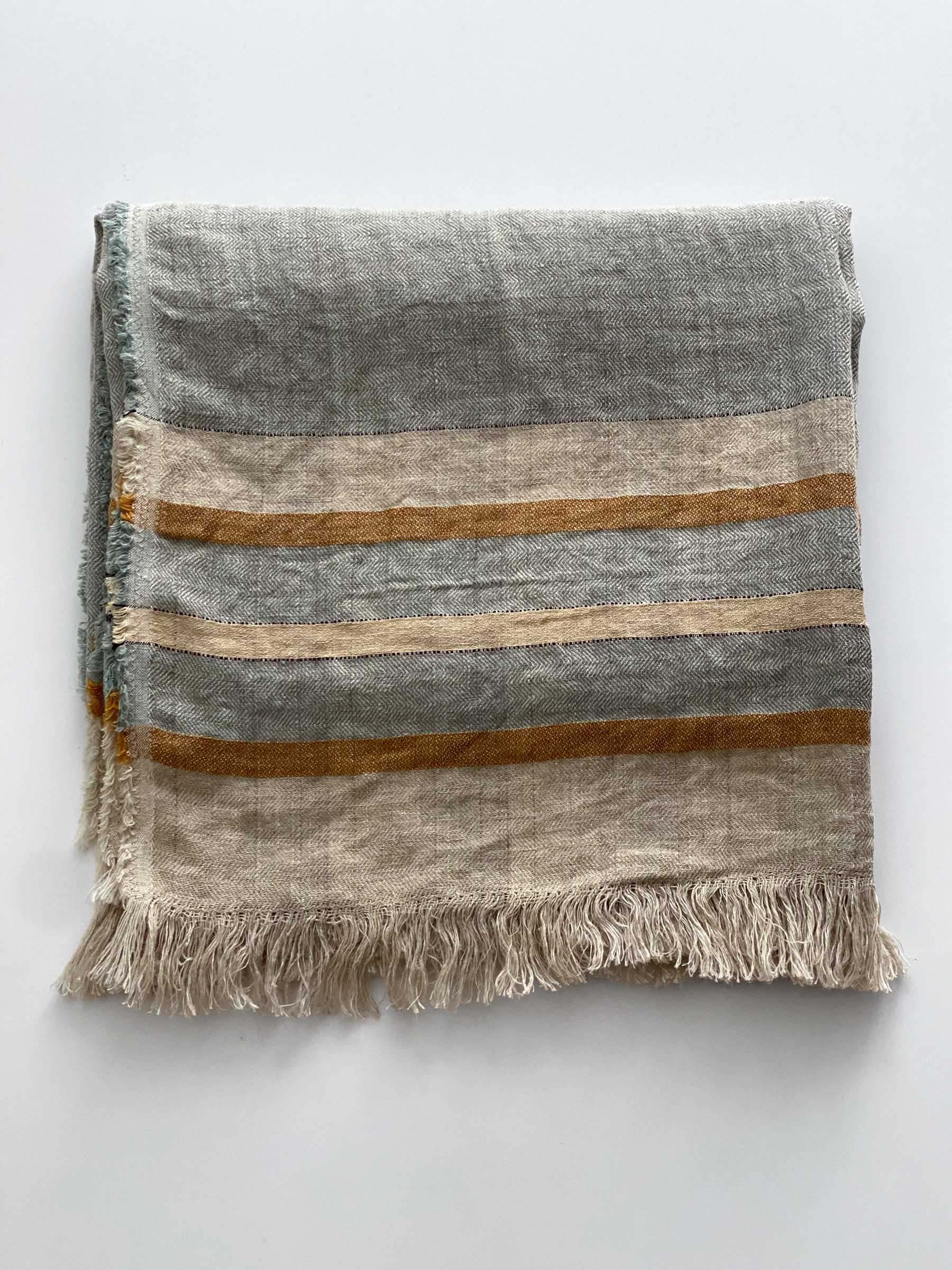 Arlo woven throw in seagrass with stripes folded on a white surface showing the French flax linen texture and fringed edges