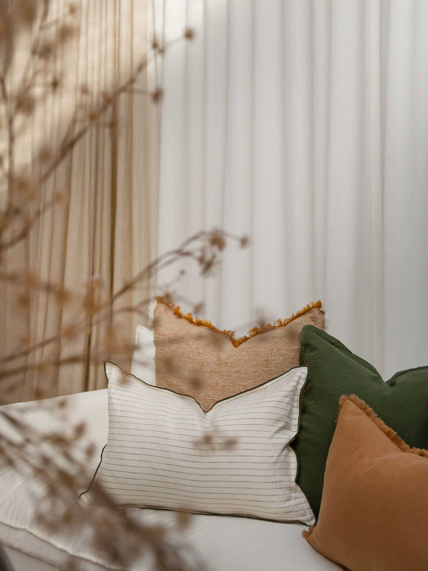 Lucas Lumbar Linen Cushion Olive Stripe