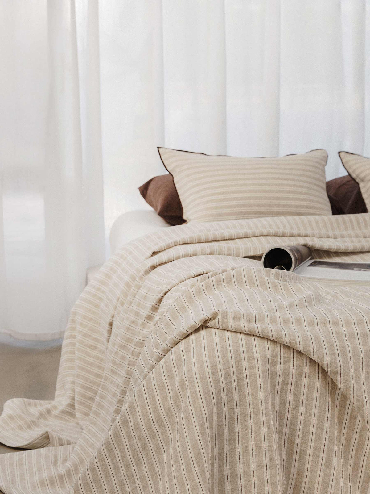 Marlow Linen Lightweight Bed Cover Cappuccino Stripe | PRE ORDER