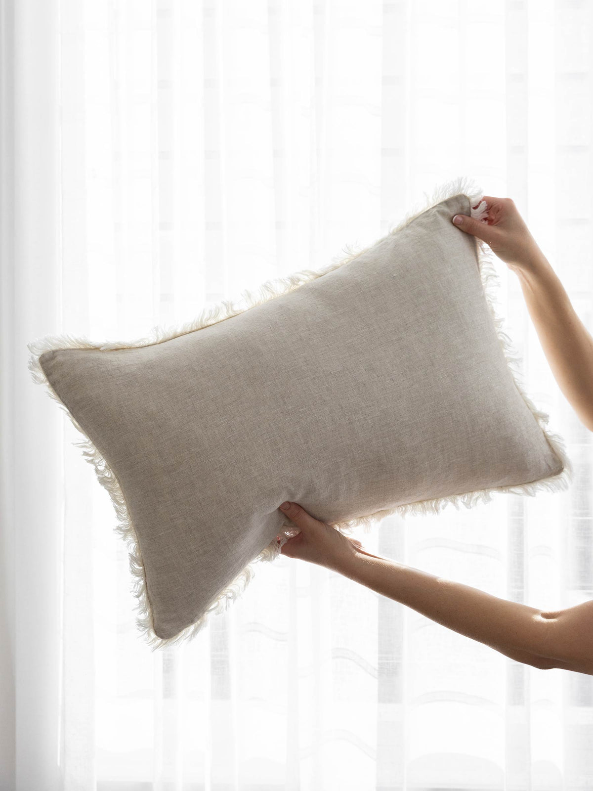 Mila Fringed Linen Lumbar Cushion Natural