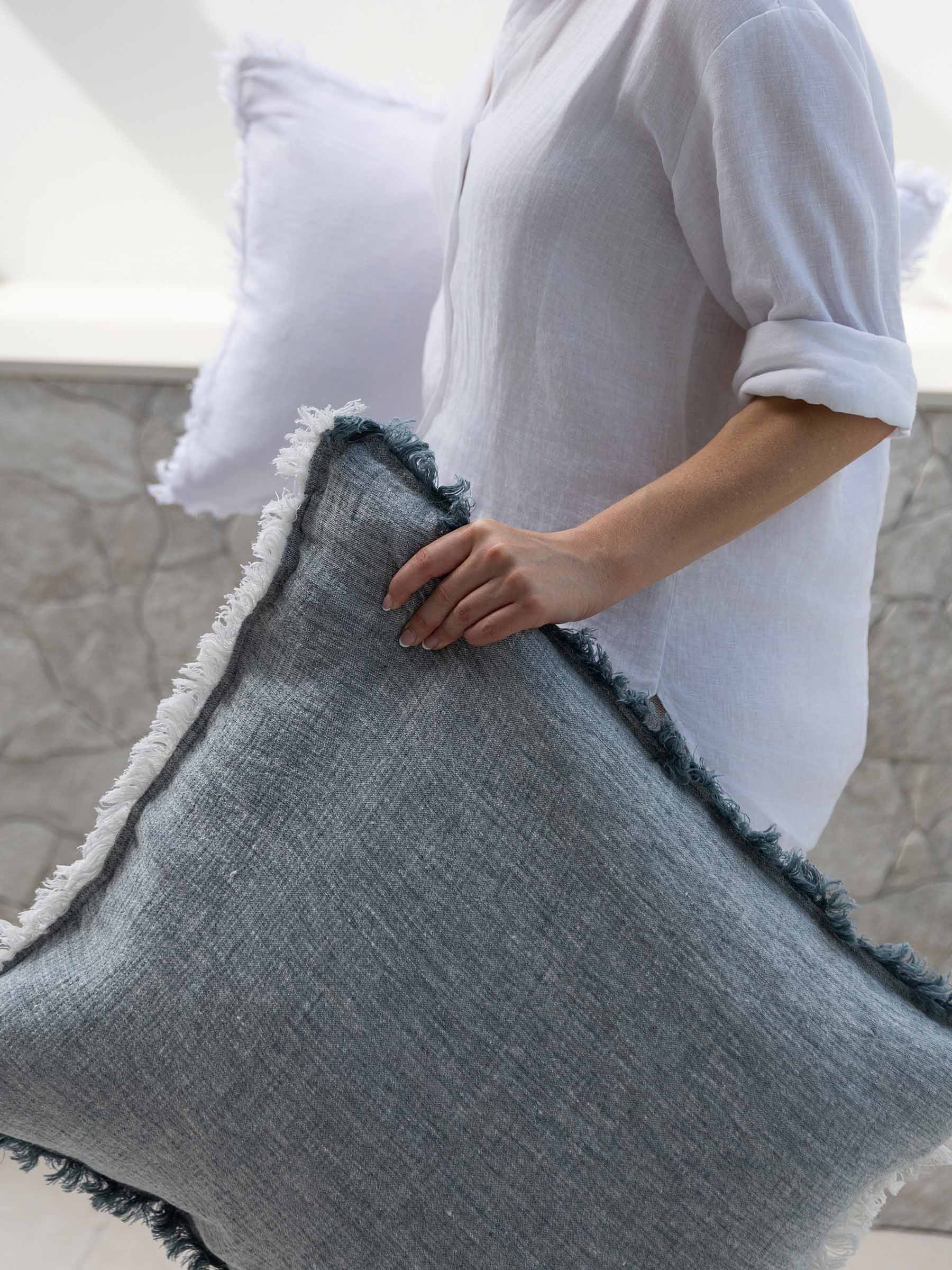 Oliver Fringed Heavy Linen Cushion Petrol