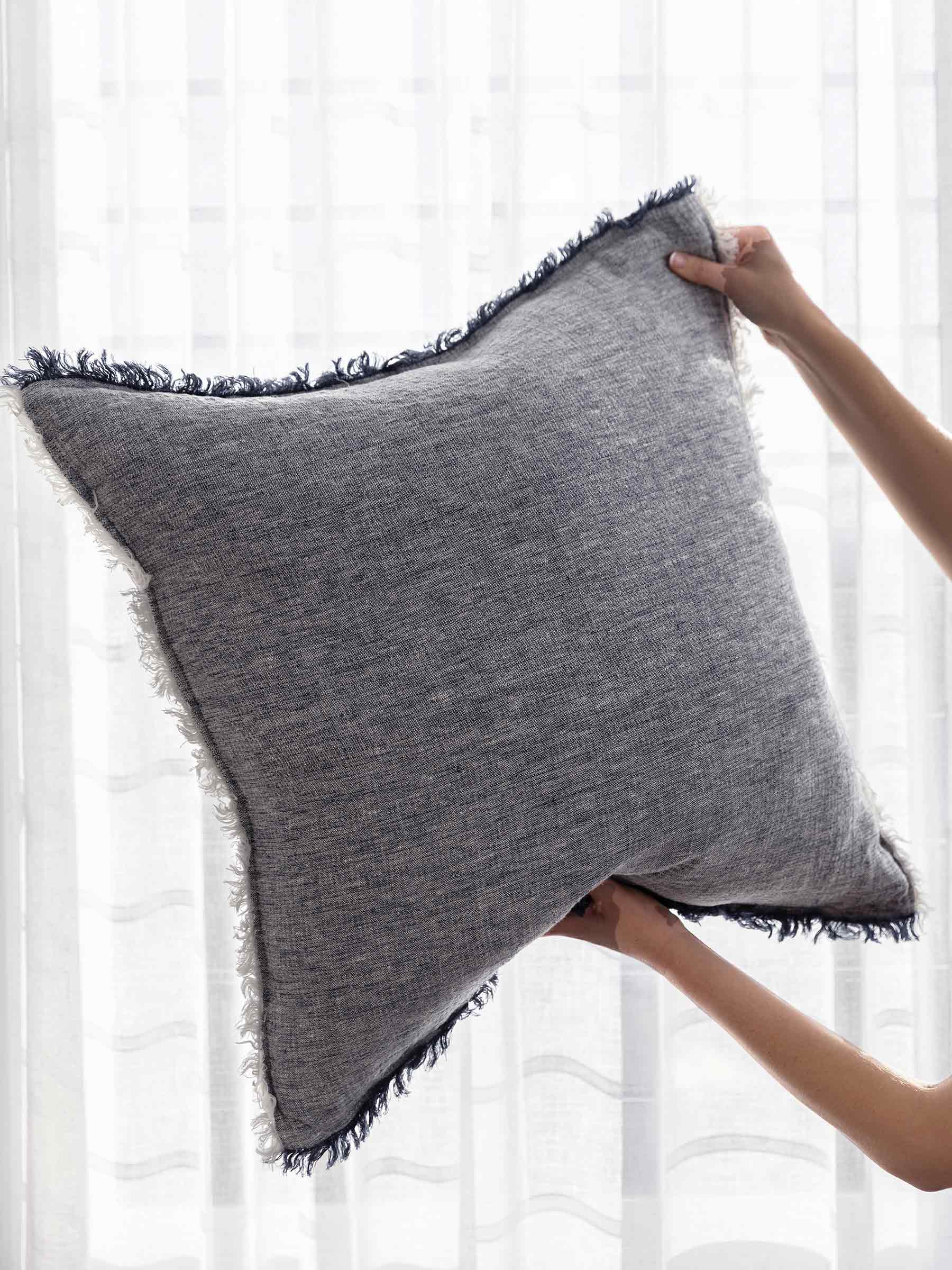 Oliver Fringed Heavy Linen Cushion Navy
