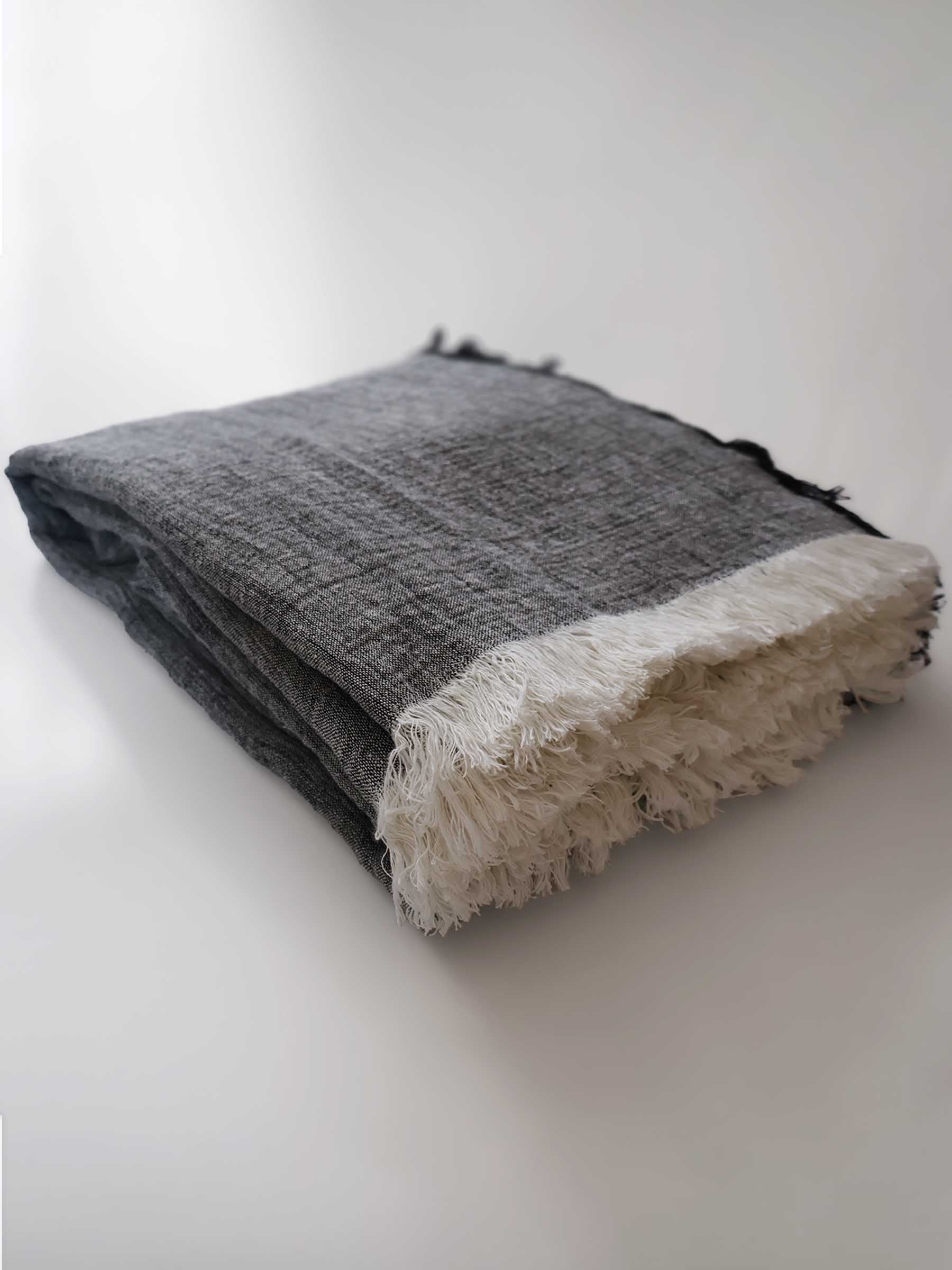 Oliver Fringed Heavy Linen Bed Cover/Throw Charcoal